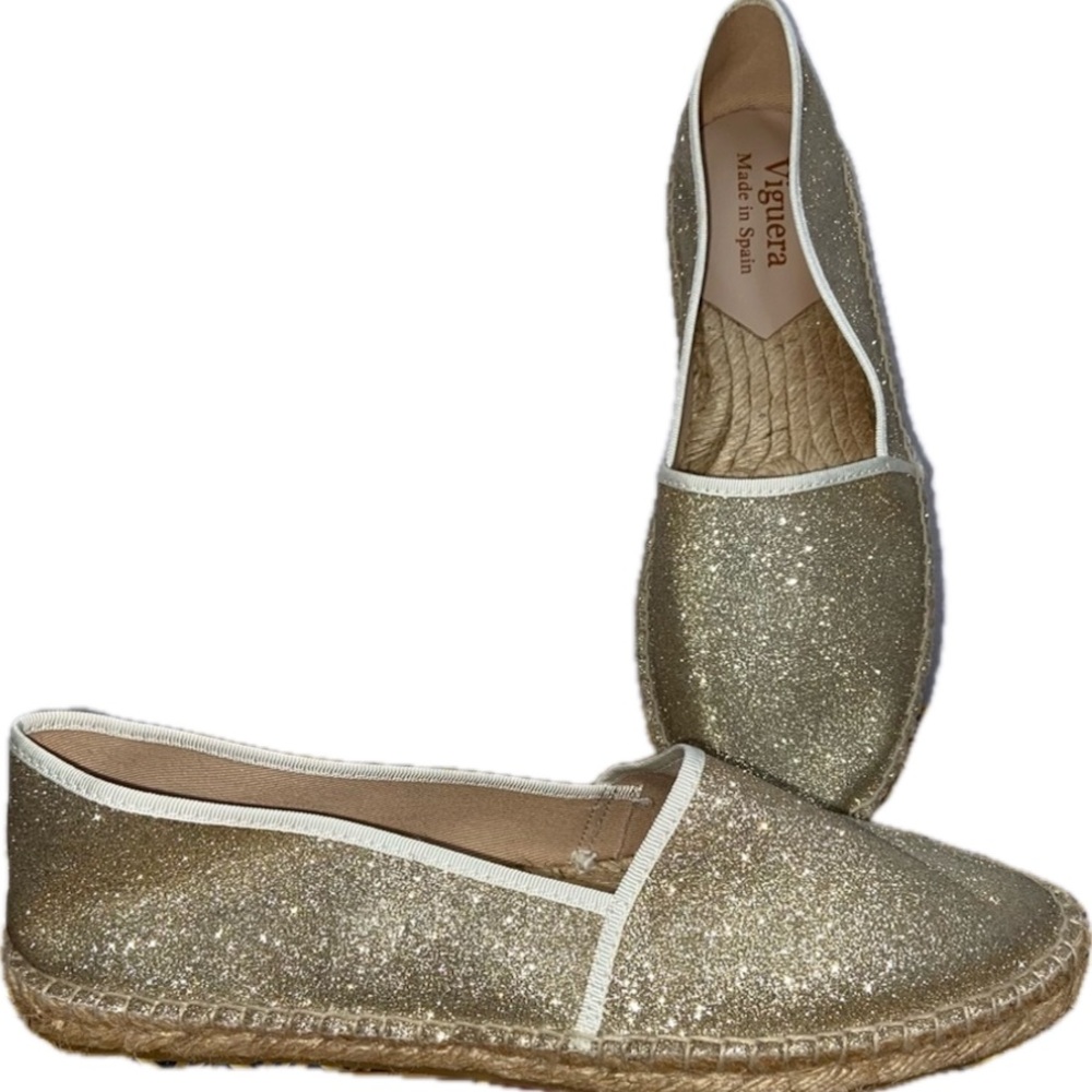 Viguería Sparkly Gold Canvas Espadrilles Spain Size 40 Fits US Sizes 7.5-8